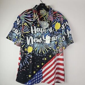 Royaura NWT Happy New Year's Hawaiian Button Up Shirt USA Flag Short Sleeve M